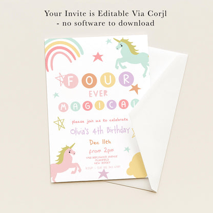 The image is a birthday invitation for a 4th birthday party, featuring a unicorn and stars as the main design elements.