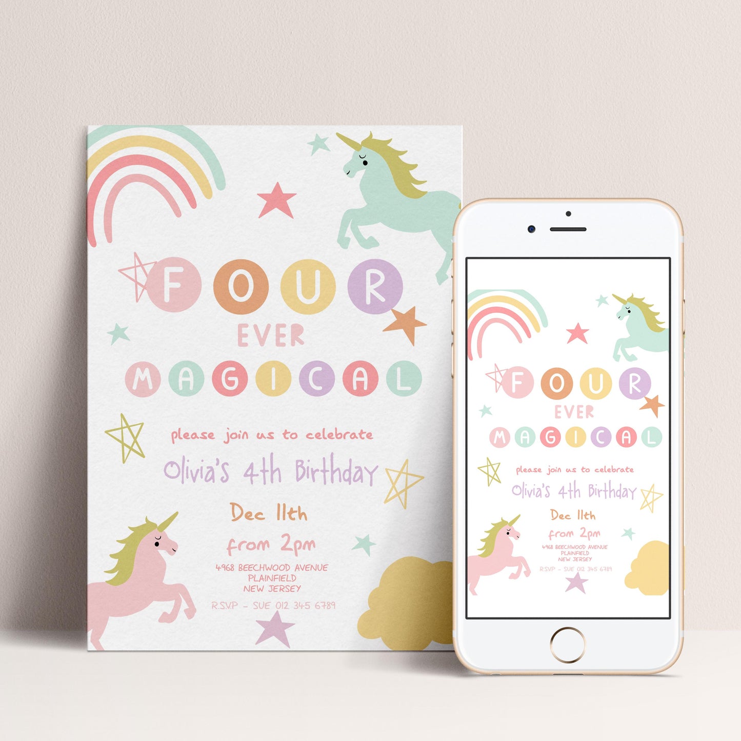The image is a birthday invitation for a girl's 4th birthday, featuring a unicorn and colorful stars.