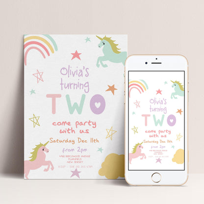 The image is a birthday party invitation featuring a unicorn theme.