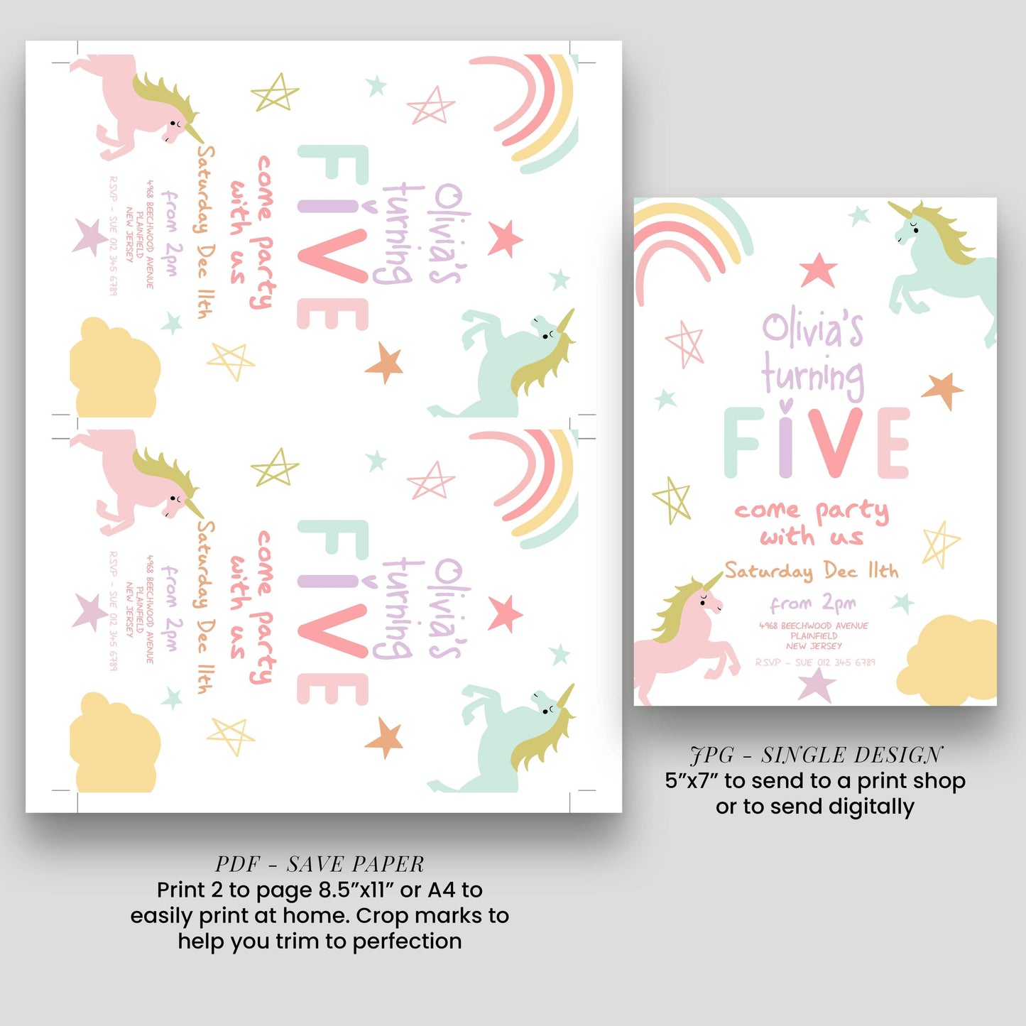 a birthday party invitation featuring a unicorn theme. The invitation is for a five-year-old birthday party and includes details about the event, such as the date, time, and location.