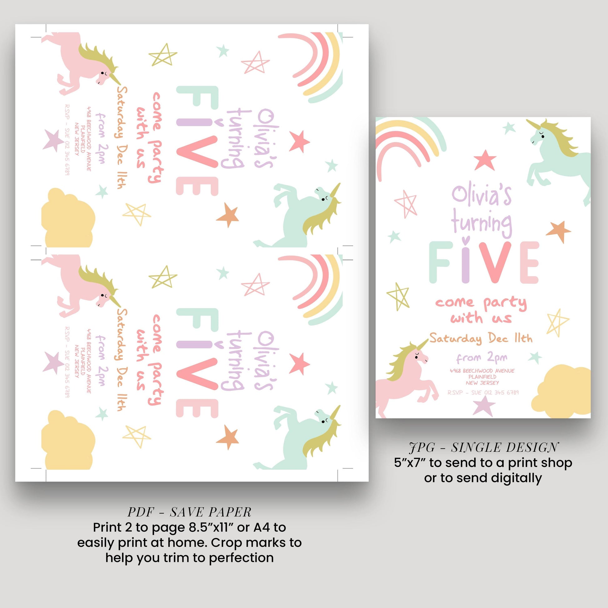 a birthday party invitation featuring a unicorn theme. The invitation is for a five-year-old birthday party and includes details about the event, such as the date, time, and location.