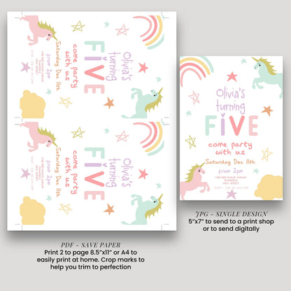 a birthday party invitation featuring a unicorn theme. The invitation is for a five-year-old birthday party and includes details about the event, such as the date, time, and location.