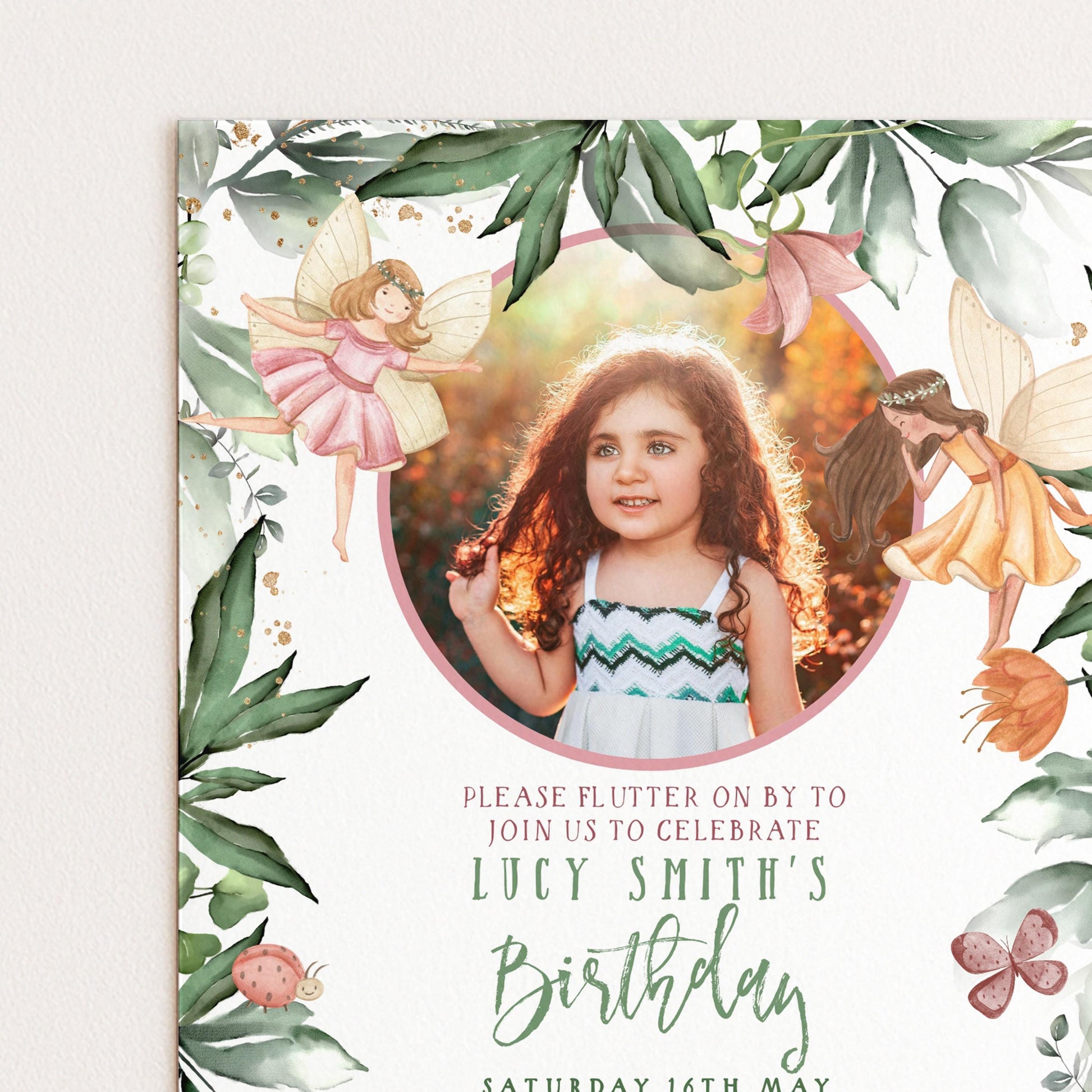A birthday invitation featuring a young girl surrounded by fairy characters and leaves, with a photo of her in the center.