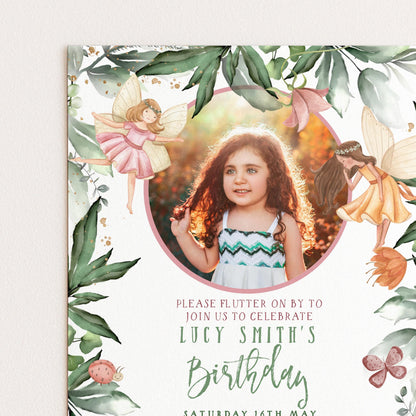 A birthday invitation featuring a young girl surrounded by fairy characters and leaves, with a photo of her in the center.