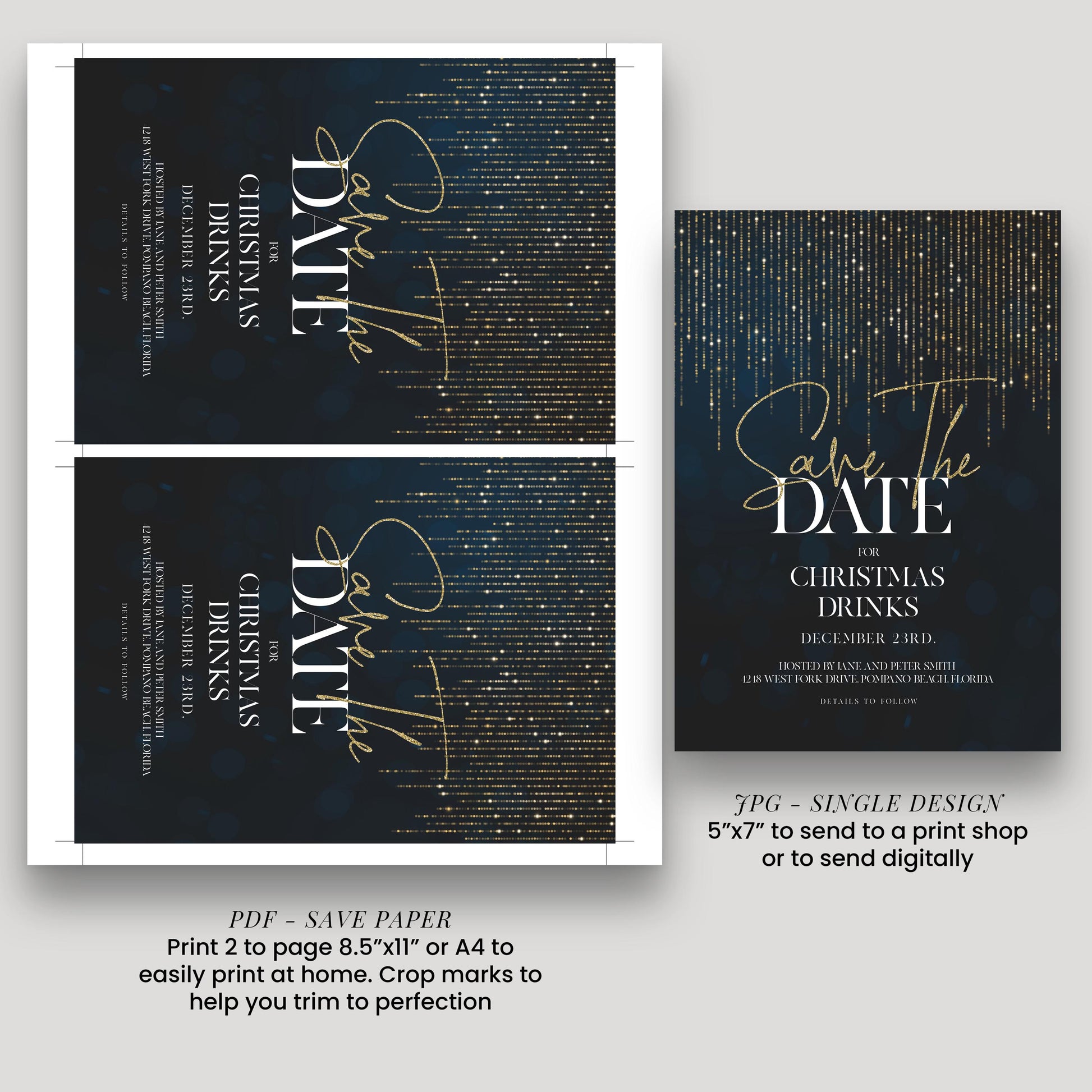 two pages of a save-the-date card design for a Christmas drinks event. The design features a dark blue background with a glittery, starry pattern and the text "Save the Date" prominently displayed. The card is printed in a size 7"x5" paper, and the text indicates that it can be printed in 2 pages, 5"x7" or 4"x8". The design also includes a note about sending the print to a print shop or digitally, and it mentions that the print size can be adjusted to fit