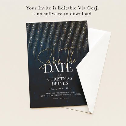 The image is a Save the Date invitation card with a dark blue background and a glittery gold design. The text on the card announces that the event is "Save the Date" for Christmas Drinks on December 23rd, hosted by Jane and Peter Smith at 12 West Toward Drive, Pompano Beach, Florida. The invitation card is not accompanied by any additional text, and there are no images or graphics present.