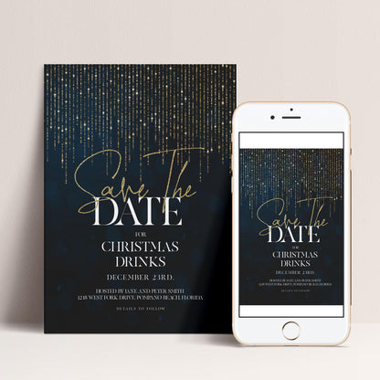 a save the date card and a smartphone screen with a similar design, both featuring a dark blue background with gold glittering lines and the text "Save the Date" prominently displayed.