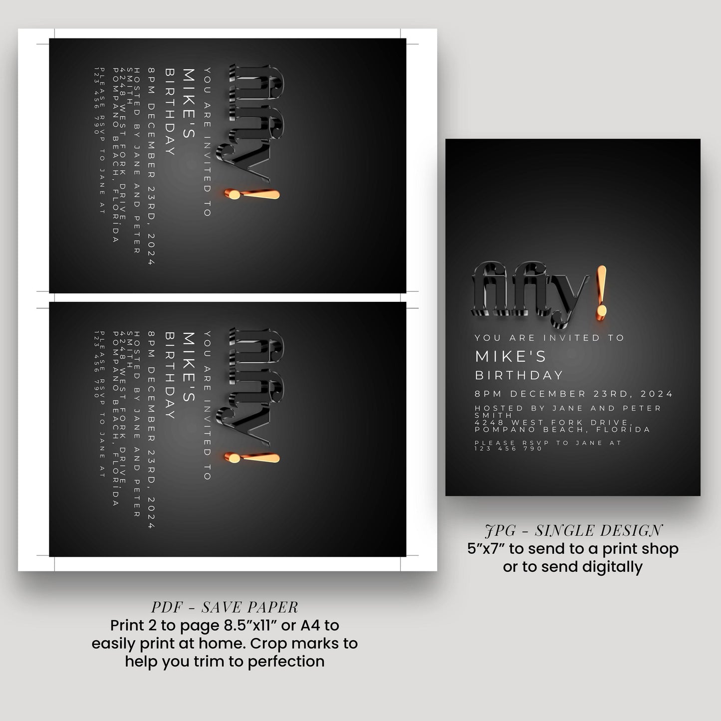 The image is a birthday invitation for Mike's birthday party. It includes text and graphics, and provides instructions for sending a print or digital copy to a print shop or sending digitally.