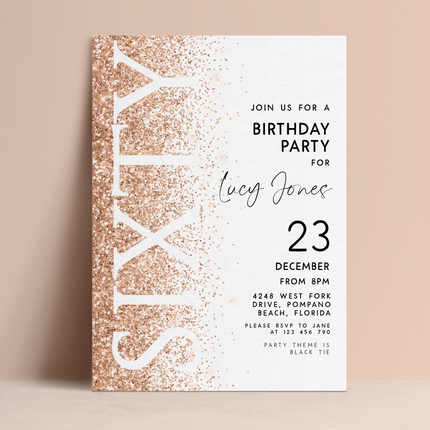 The image is a birthday party invitation for a 60th birthday celebration for Lucy Jones. The invitation is for a party on December 23 from 8PM to 8PM at the address 4248 West Fork Drive, Pompano Beach, Florida. The party theme is "Black Tie".