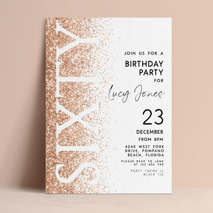 The image is a birthday party invitation for a 60th birthday celebration for Lucy Jones. The invitation is for a party on December 23 from 8PM to 8PM at the address 4248 West Fork Drive, Pompano Beach, Florida. The party theme is "Black Tie".