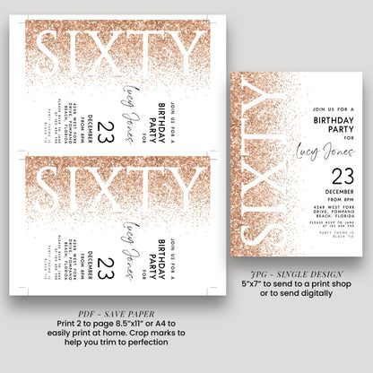 a birthday party invitation for a 60th birthday party for Lucy Jones. The invitation is designed with a gold glitter and white text theme, and it includes details about the party, such as the date, time, location, and RSVP information.