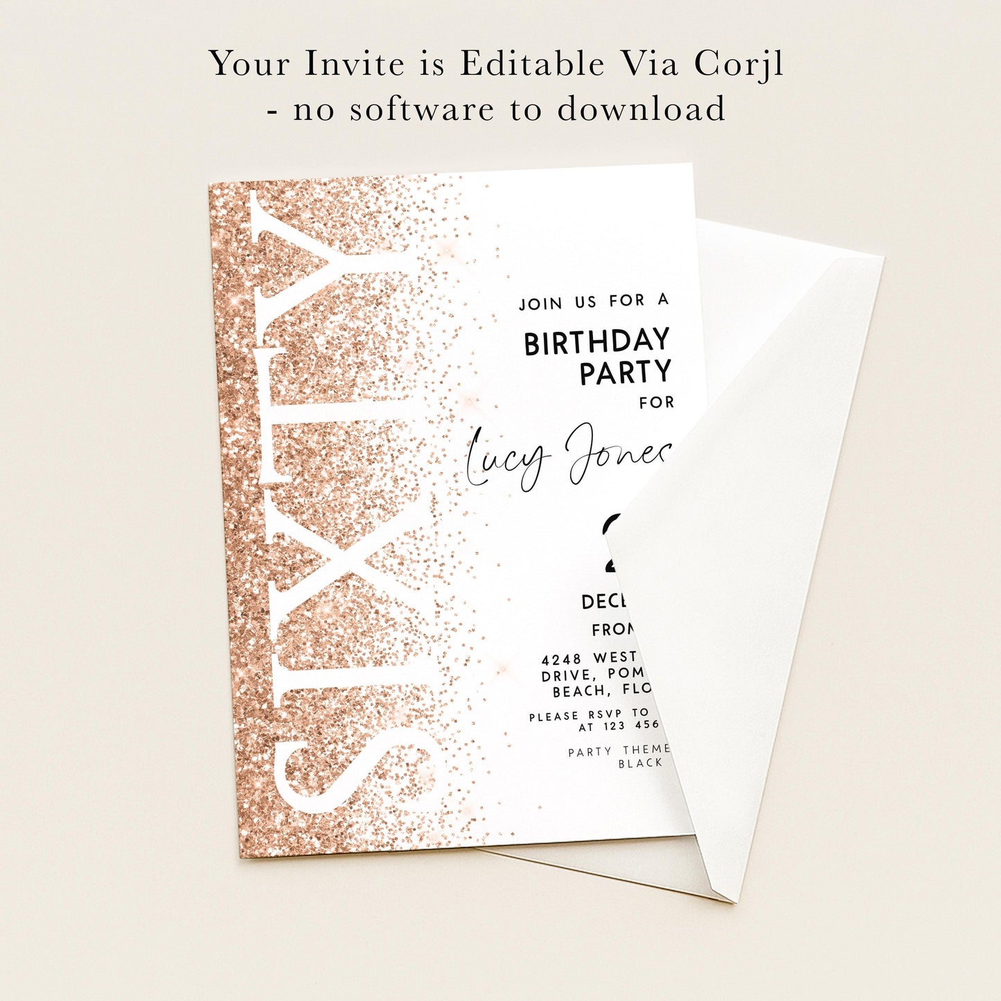 The image is a birthday party invitation for a 60th birthday party for a woman named Lucy Jones.