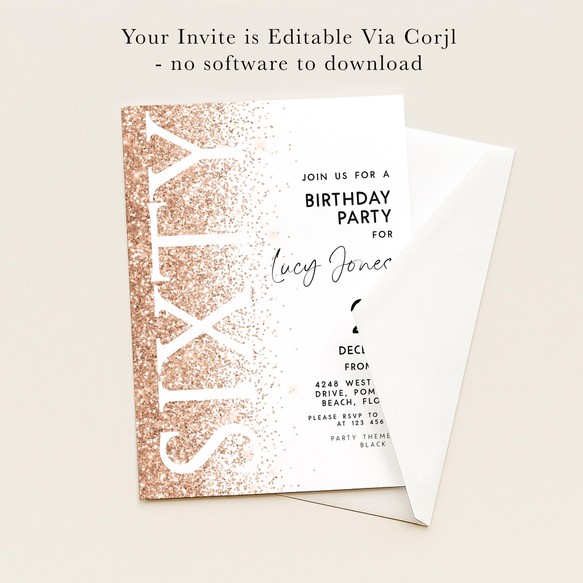 The image is a birthday party invitation for a 60th birthday party for a woman named Lucy Jones.