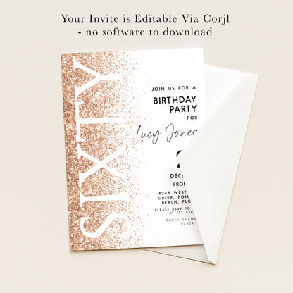 The image is a birthday party invitation for a 60th birthday party for a woman named Lucy Jones.