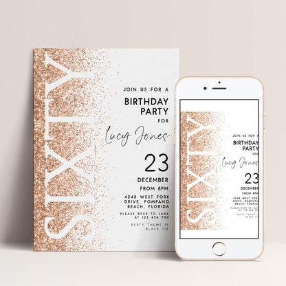a birthday party invitation for a 60th birthday celebration for Lucy Jones. The invitation is designed with a gold glitter effect and includes details about the party, including the date, time, location, and RSVP information.