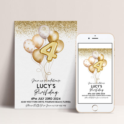 The image is a birthday invitation for Lucy's birthday party, featuring gold balloons and confetti.