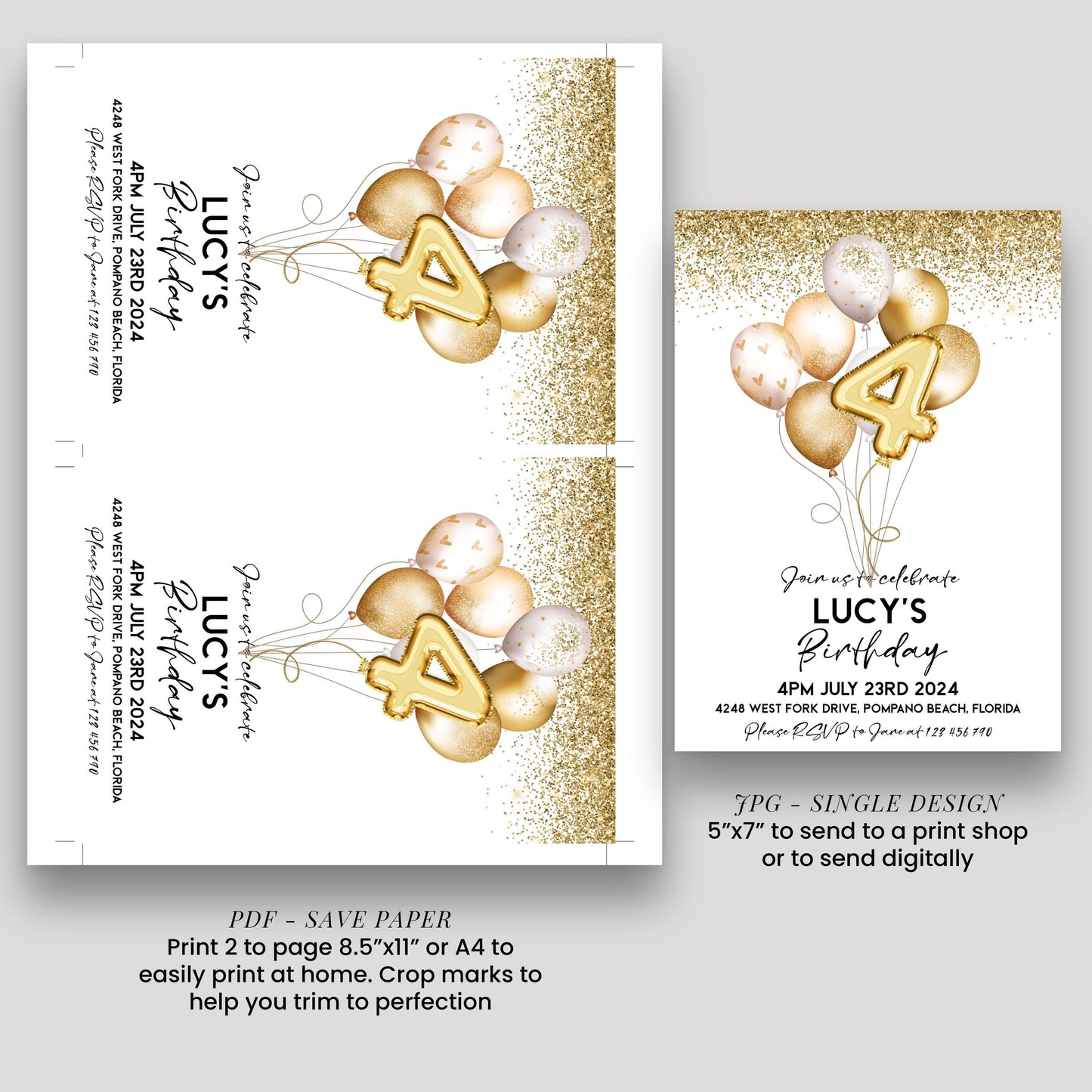 a birthday invitation for a girl named Lucy, featuring gold balloons and confetti. The invitation is for her 4th birthday party, which will be held on July 23rd, 2014, at 4:00 PM at the West Fork Drive, Pompano Beach, Florida. The invitation is designed to be printed on paper or sent digitally, depending on the user's preference.