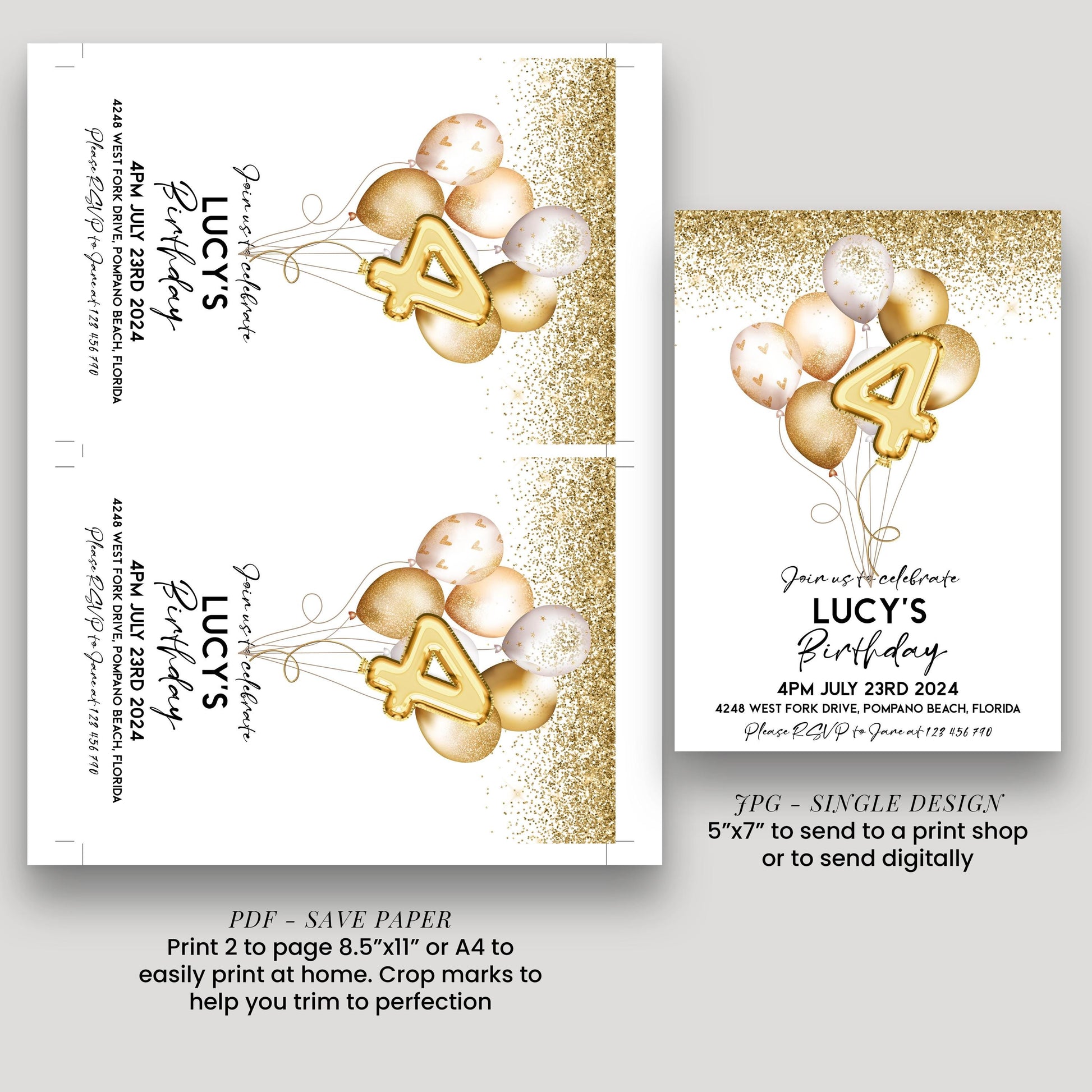 a birthday invitation for a girl named Lucy, featuring gold balloons and confetti. The invitation is for her 4th birthday party, which will be held on July 23rd, 2014, at 4:00 PM at the West Fork Drive, Pompano Beach, Florida. The invitation is designed to be printed on paper or sent digitally, depending on the user's preference.