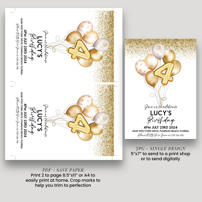 a birthday invitation for a girl named Lucy, featuring gold balloons and confetti. The invitation is for her 4th birthday party, which will be held on July 23rd, 2014, at 4:00 PM at the West Fork Drive, Pompano Beach, Florida. The invitation is designed to be printed on paper or sent digitally, depending on the user's preference.