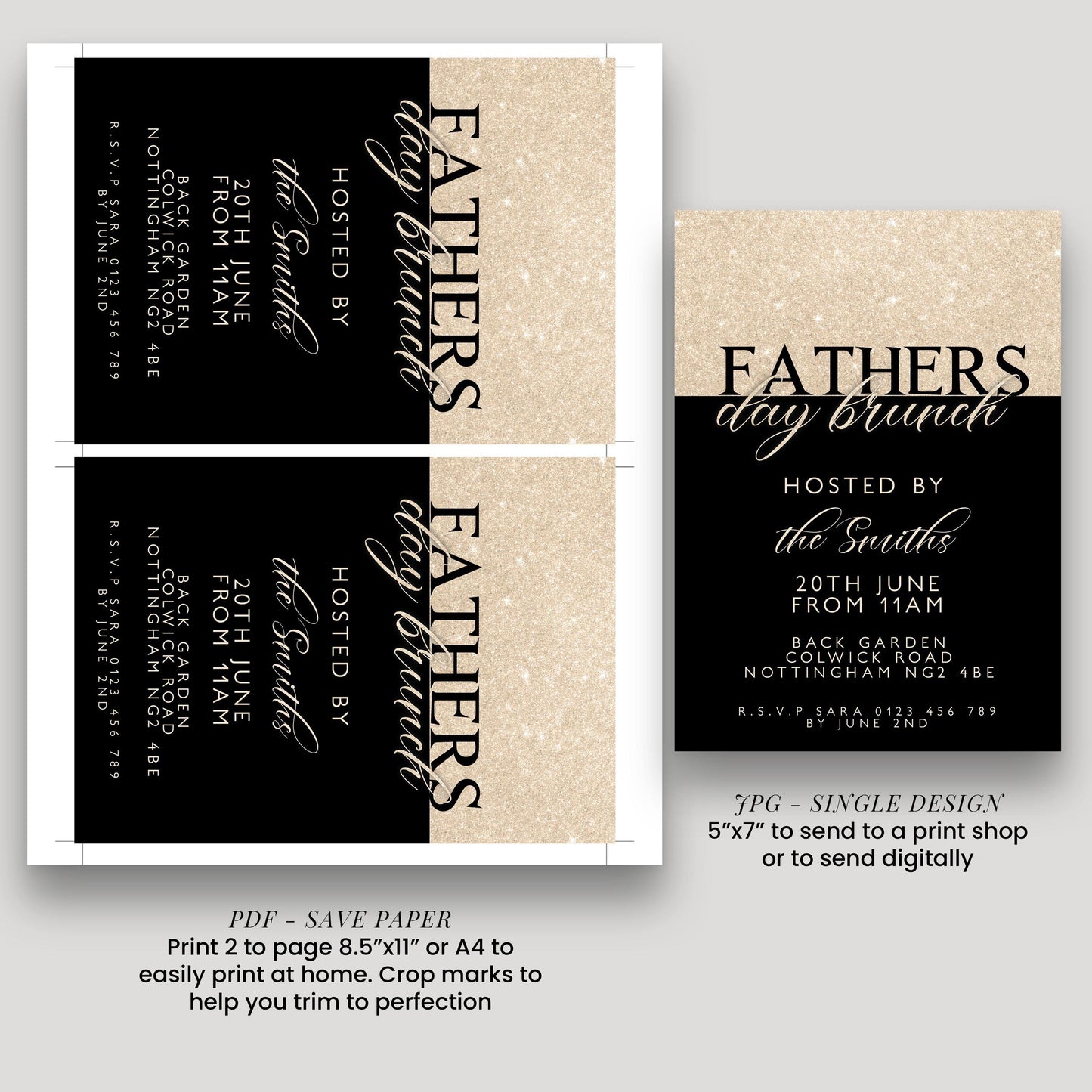 a black and gold invitation for a Father's day brunch event hosted by The Smiths. The invitation is designed in a single design style, with a gold background and black text. It provides details about the event, including the date, time, location, and contact information. The invitation also includes instructions for printing and sending the event details, as well as a note about the size of the print.