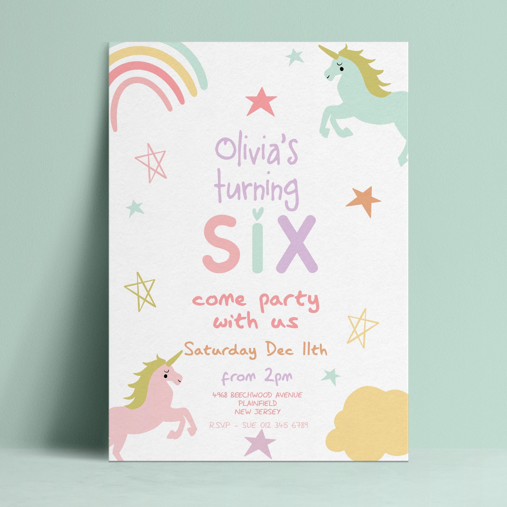 The image is a birthday party invitation for a unicorn-themed party.