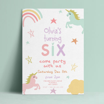 The image is a birthday party invitation for a unicorn-themed party.