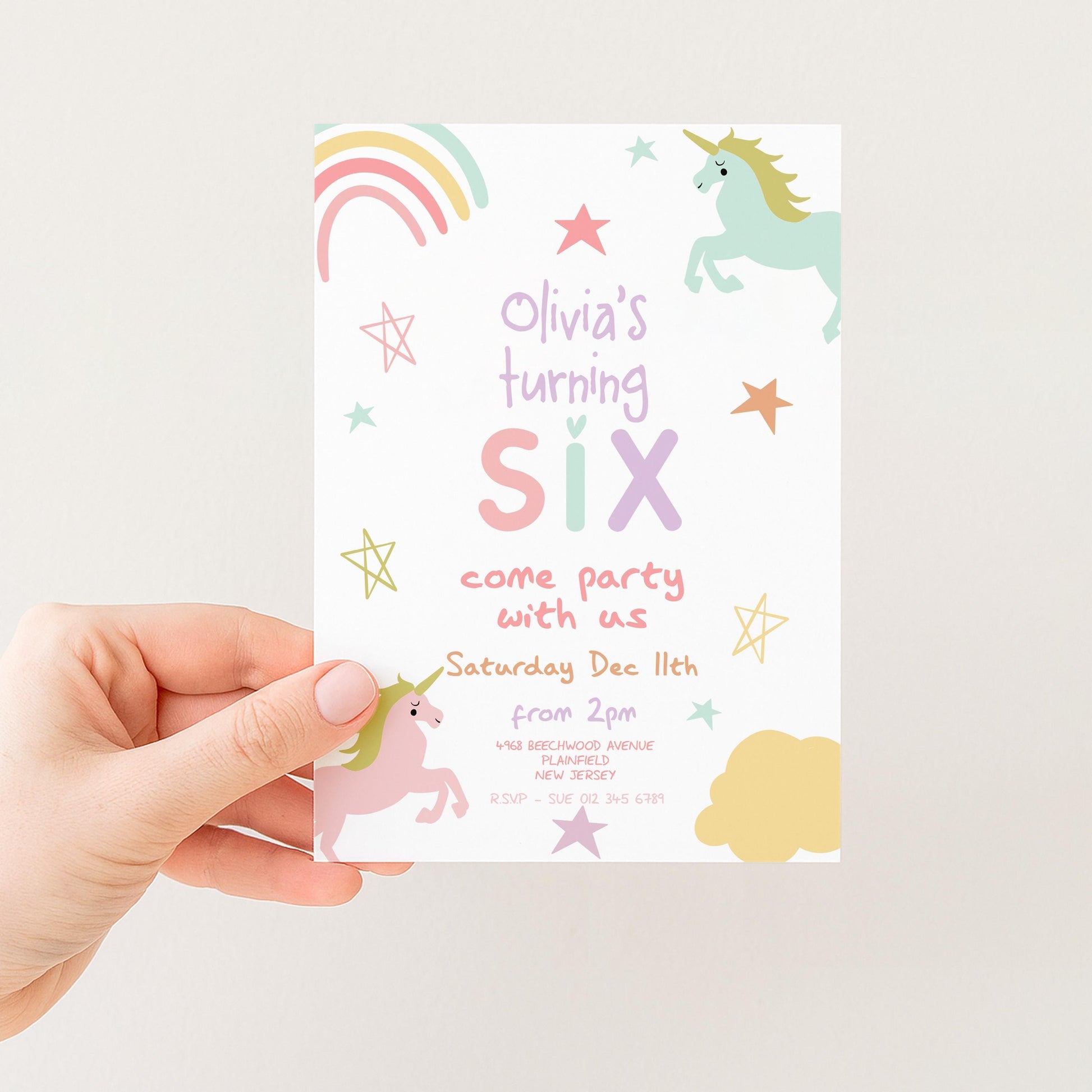 The image is a birthday party invitation for a six-year-old girl named Olivia, featuring a unicorn and a rainbow.