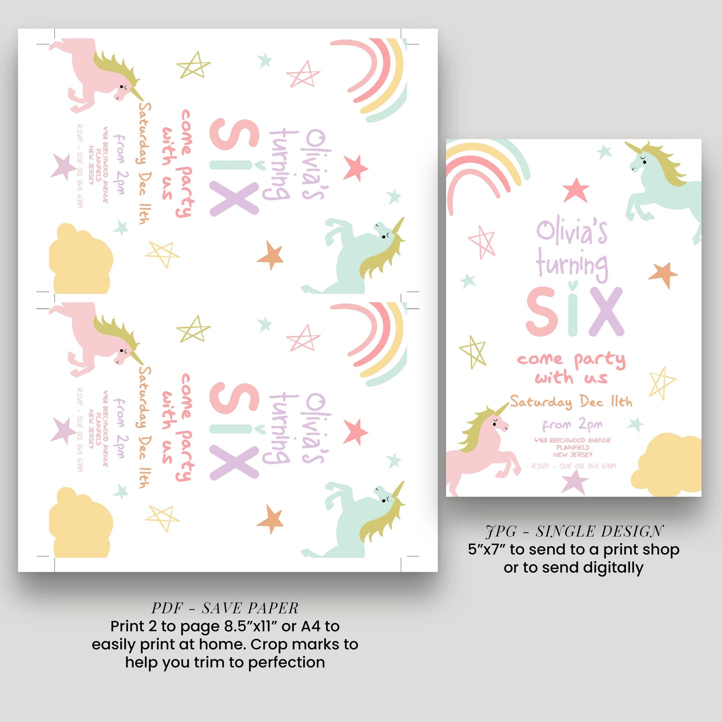 The image is a birthday party invitation featuring a unicorn theme.