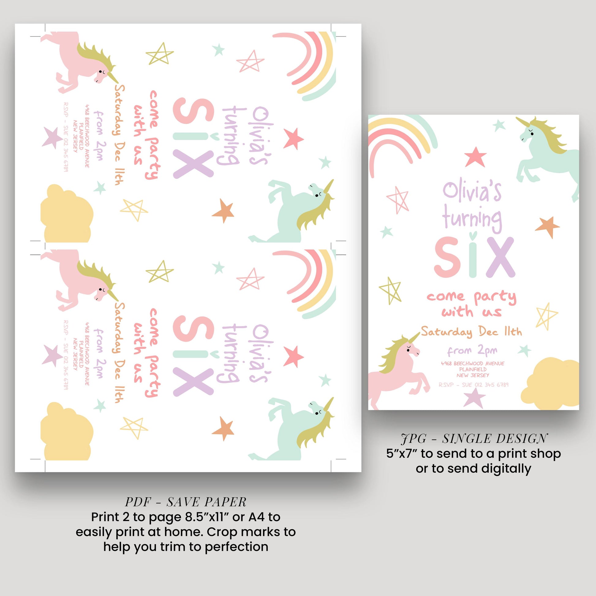 The image is a birthday party invitation featuring a unicorn theme.