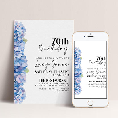 The image is a birthday invitation for Lucy Jones celebrating her 70th birthday. It is a white card with a floral design and text inviting guests to a party at The Restaurant in Pompano Beach, Florida on Saturday, September 5th from 7 PM. The invitation also includes the phone number for further information.