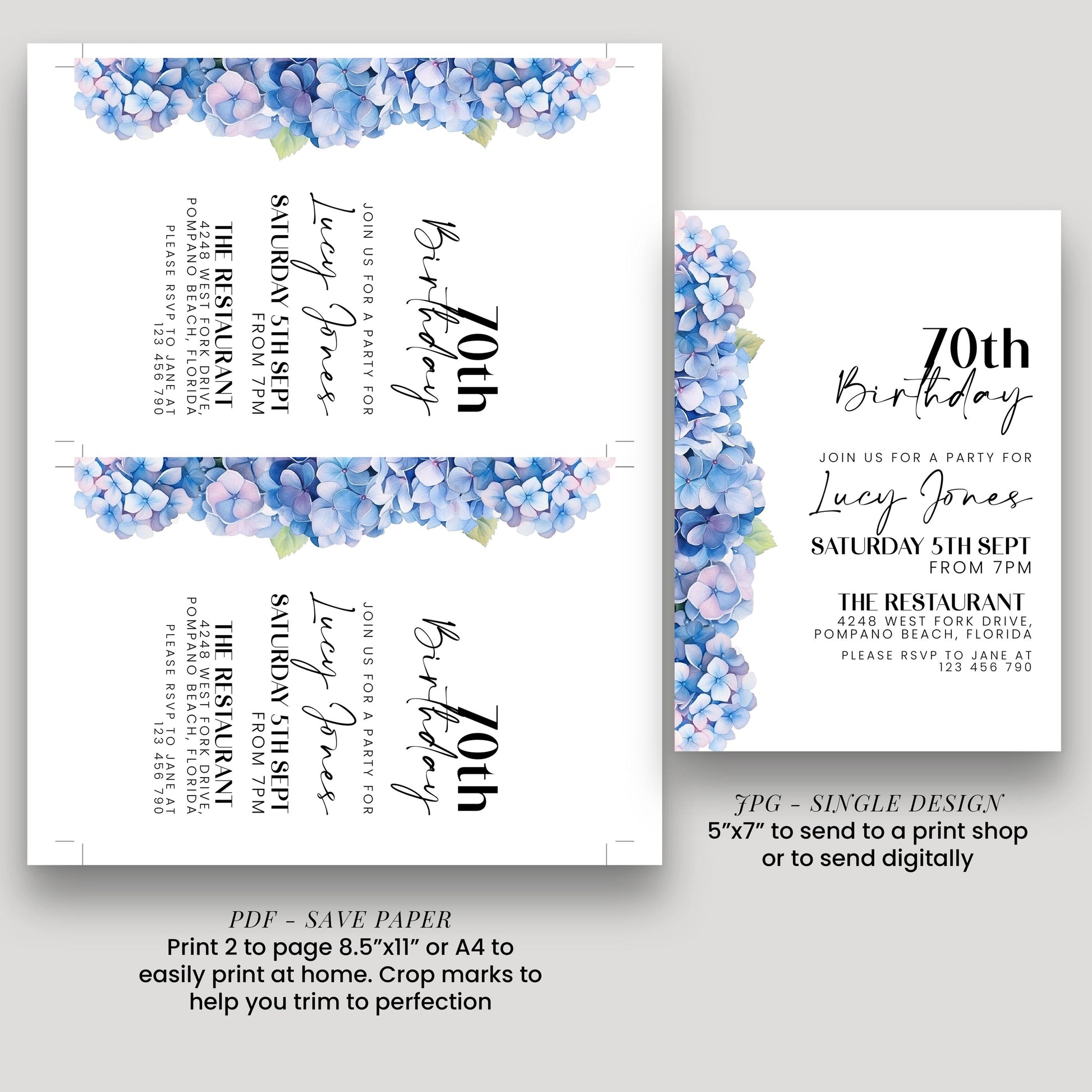 a birthday party invitation for Lucy Jones' 70th birthday. The invitation is designed to be printed on either 2-page or 4-page paper, depending on the user's preference. The design features a floral border and text that includes details about the party, such as the date, time, location, and RSVP information. The invitation also includes a note about sending a print to a print shop or digitally, and instructions on how to trim the print to perfection.