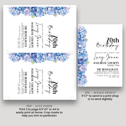 a birthday party invitation for Lucy Jones' 70th birthday. The invitation is designed to be printed on either 2-page or 4-page paper, depending on the user's preference. The design features a floral border and text that includes details about the party, such as the date, time, location, and RSVP information. The invitation also includes a note about sending a print to a print shop or digitally, and instructions on how to trim the print to perfection.