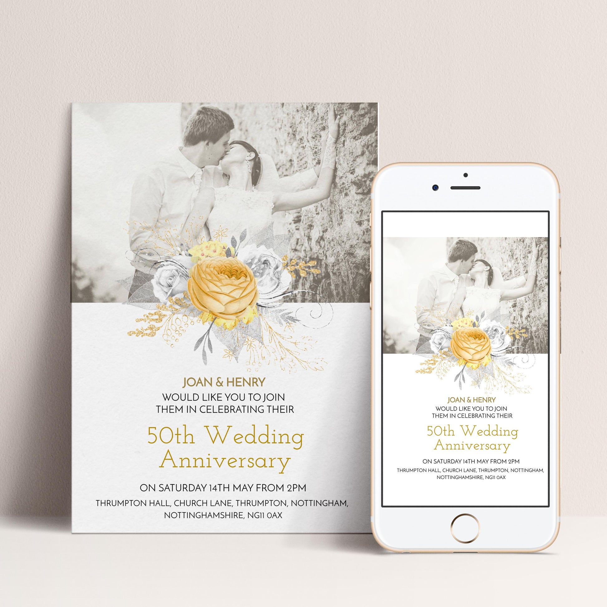 The image is a wedding invitation featuring a couple embracing in a romantic setting, with a floral design and text inviting the recipient to join in celebrating their 50th wedding anniversary.