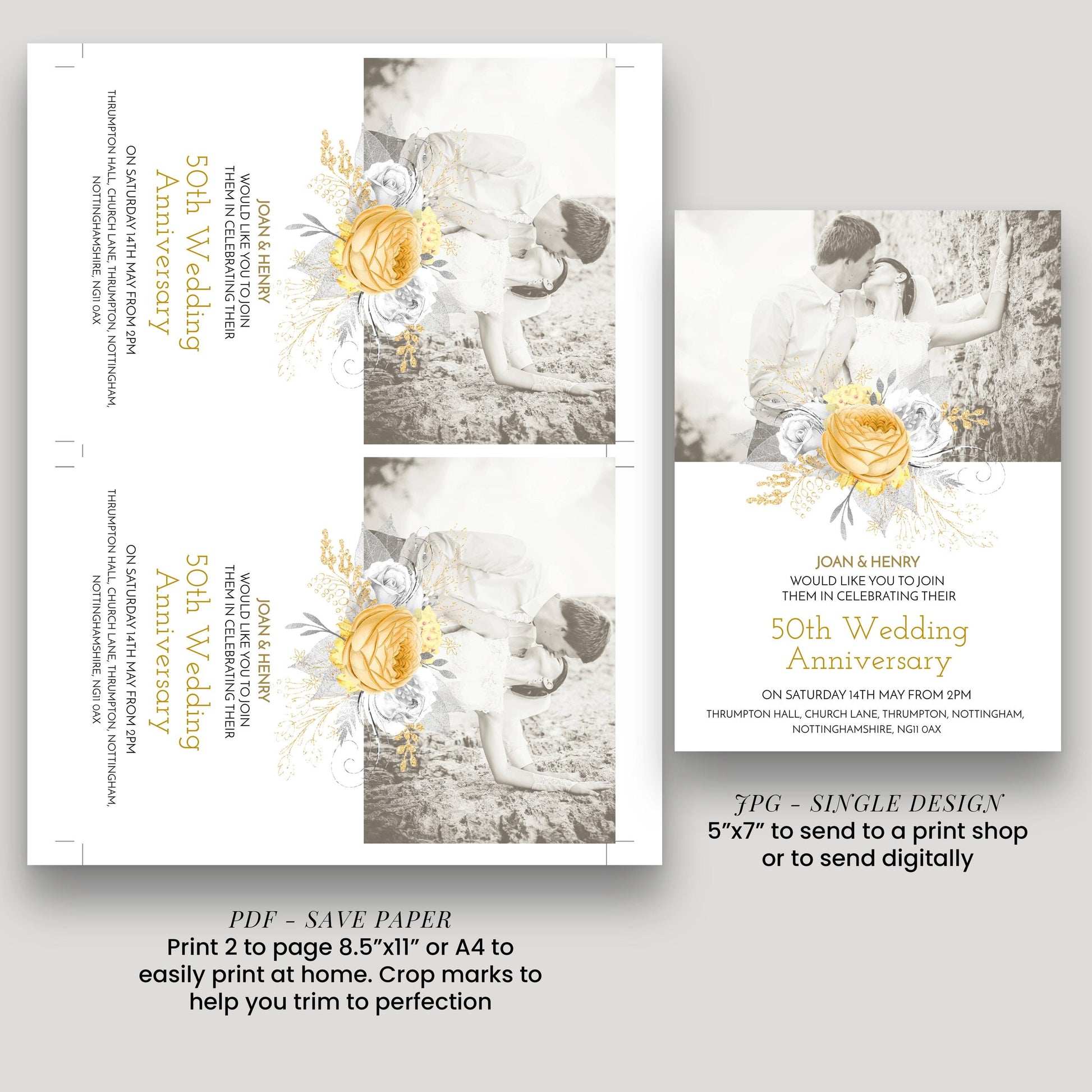 The image is a wedding invitation featuring a couple embracing in a field with flowers. The invitation is for a 50th wedding anniversary celebration, and it includes details about the event, such as the date, time, location, and RSVP instructions.