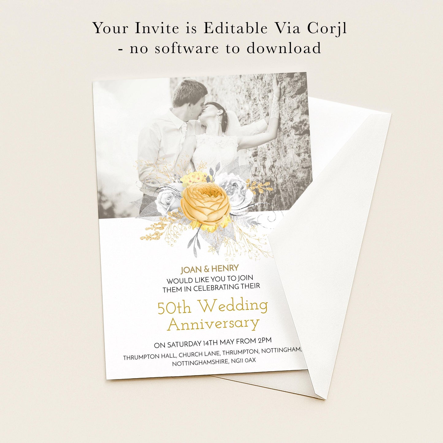 The image is a wedding invitation card featuring a couple embracing in a photograph, with a floral design and text indicating the 50th anniversary celebration.