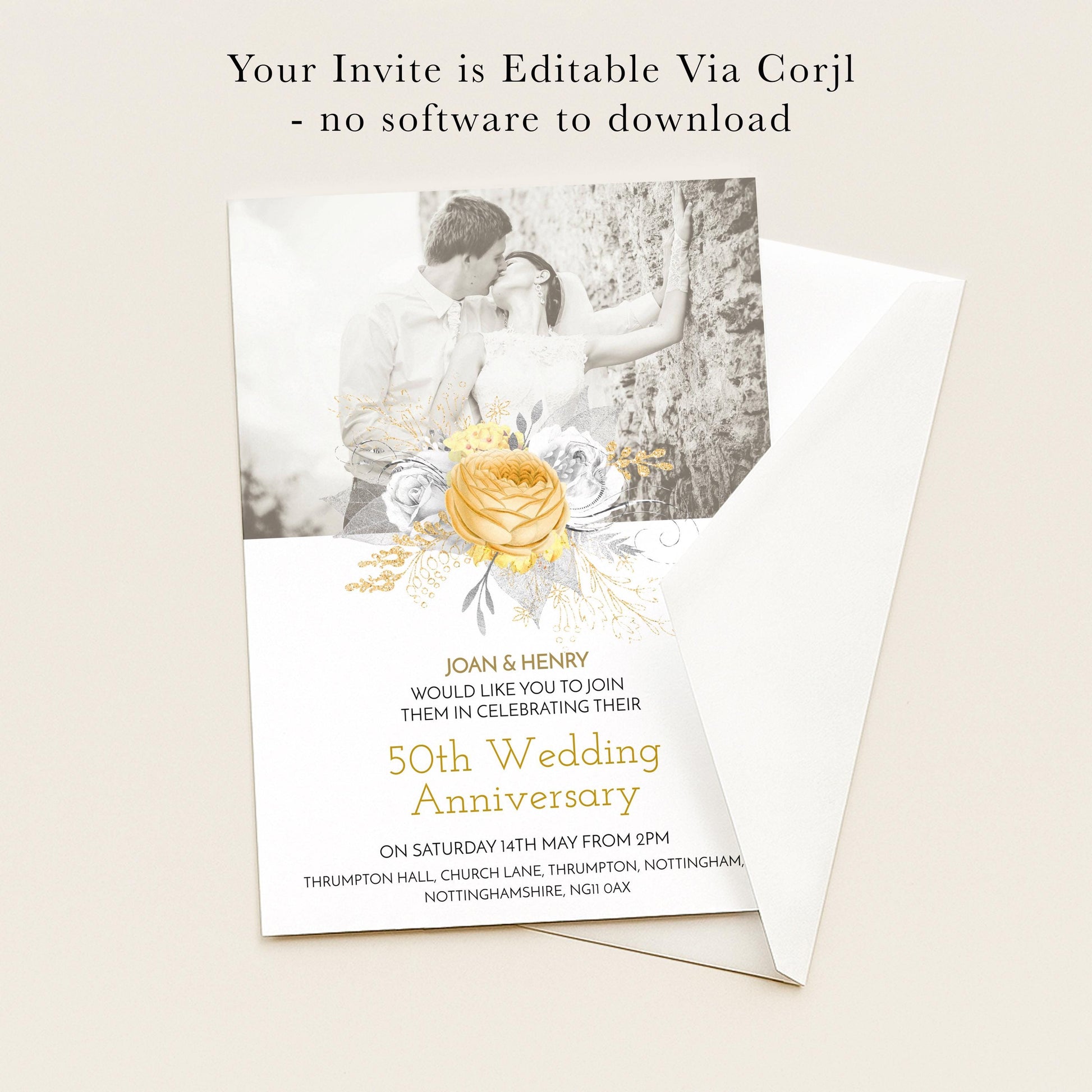 The image is a wedding invitation card featuring a couple embracing in a photograph, with a floral design and text indicating the 50th anniversary celebration.