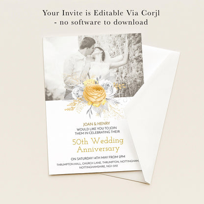 The image is a wedding invitation card featuring a couple embracing in a photograph, with a floral design and text indicating the 50th anniversary celebration.