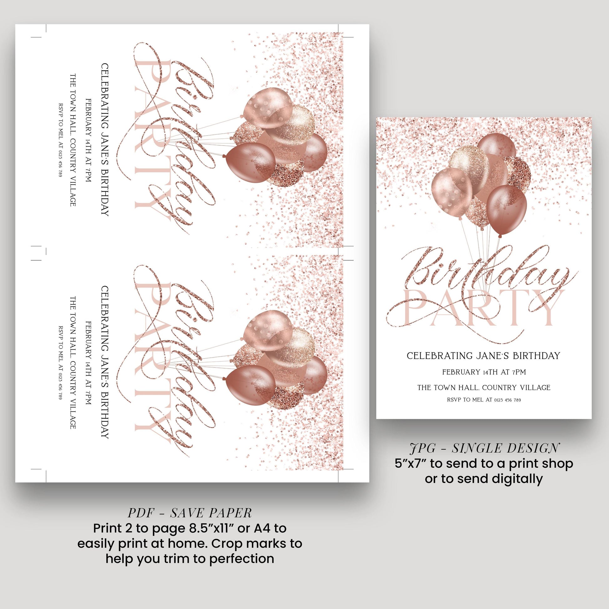 The image is a birthday party invitation featuring pink and gold balloons, with the text "Birthday Party" and "Celebrating Jane's Birthday" printed on it.