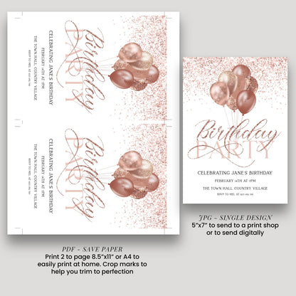 The image is a birthday party invitation featuring pink and gold balloons, with the text "Birthday Party" and "Celebrating Jane's Birthday" printed on it.
