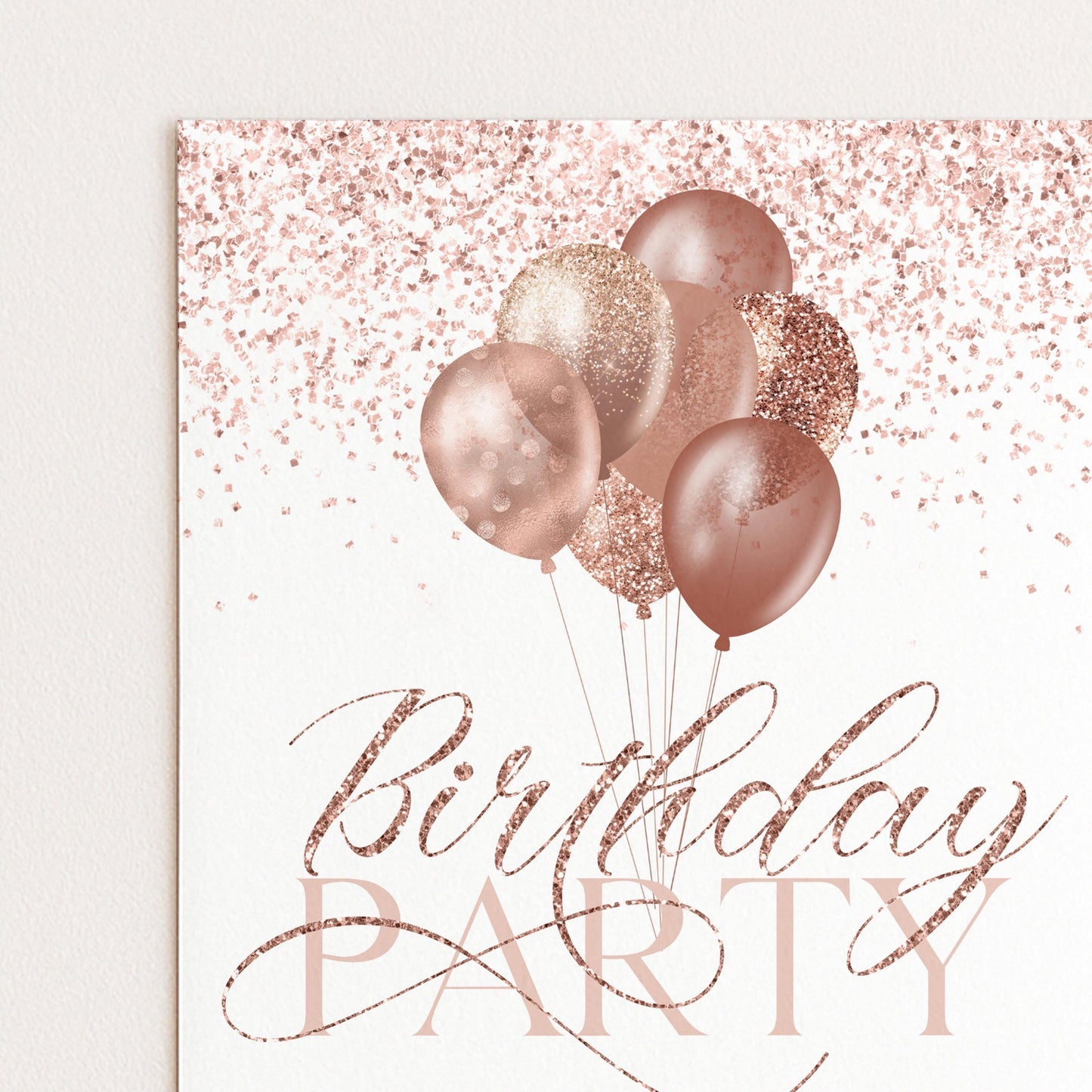 The image is a birthday party invitation with pink and gold balloons floating above the text "Birthday Party".