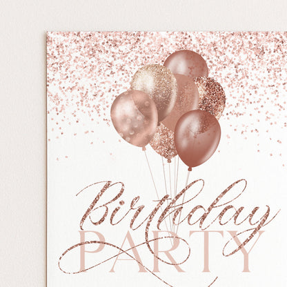 The image is a birthday party invitation with pink and gold balloons floating above the text "Birthday Party".