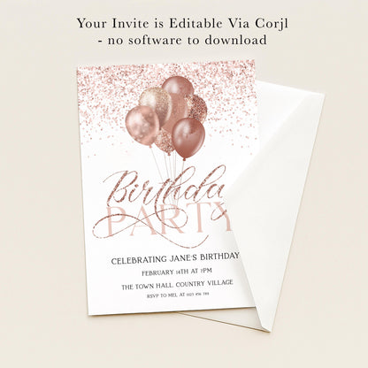 The image is a birthday party invitation featuring pink and gold balloons, with the text "Birthday Party" and "CERTIFYING JANE'S BIRTHDAY" printed on it.