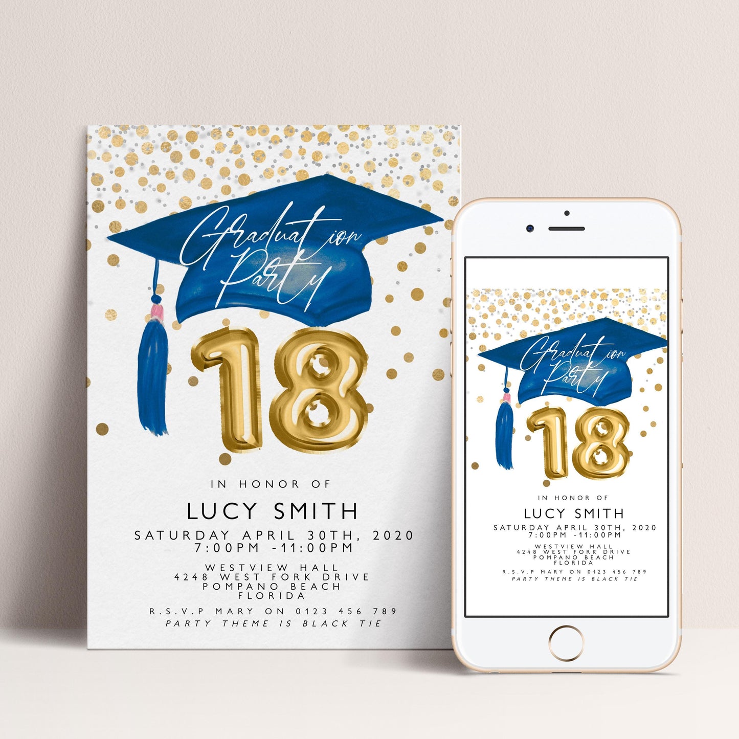 The image is a graduation party invitation featuring a blue graduation cap and gold numbers, with a white background and gold polka dots.