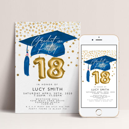 The image is a graduation party invitation featuring a blue graduation cap and gold numbers, with a white background and gold polka dots.
