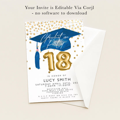 The image is a graduation party invitation featuring a blue graduation cap with gold confetti, the number 18, and text indicating the event is in honor of Lucy Smith.