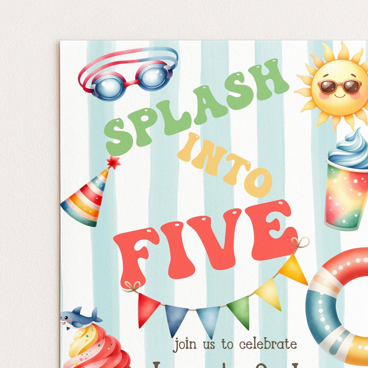 The image is a colorful invitation for a birthday party, featuring various beach-themed elements such as a sun, sunglasses, goggles, a party hat, a flip-flop, a beach ball, and a cup of ice cream.