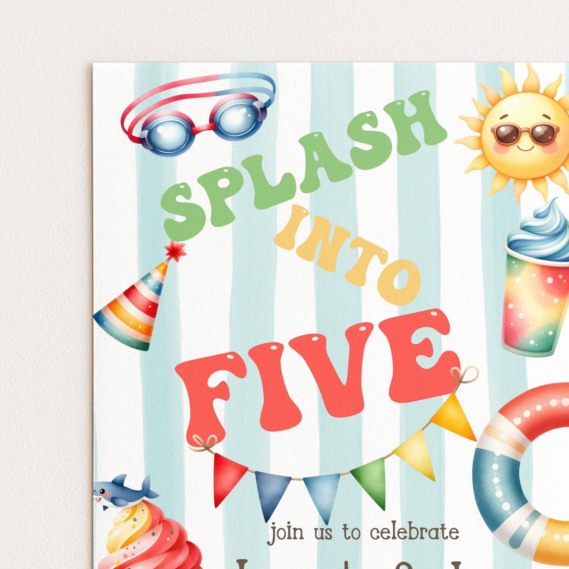 The image is a colorful invitation for a birthday party, featuring various beach-themed elements such as a sun, sunglasses, goggles, a party hat, a flip-flop, a beach ball, and a cup of ice cream.