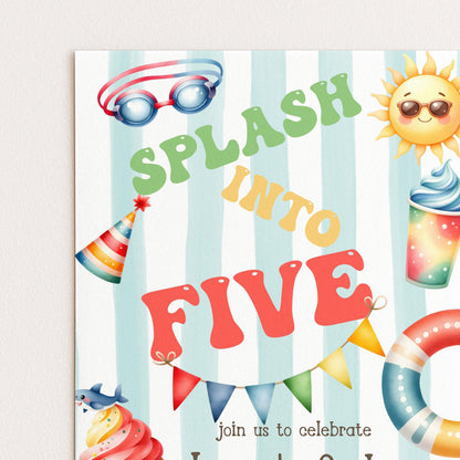 The image is a colorful invitation for a birthday party, featuring various beach-themed elements such as a sun, sunglasses, goggles, a party hat, a flip-flop, a beach ball, and a cup of ice cream.