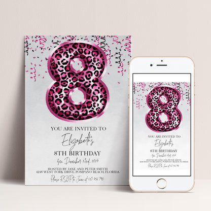 The image is a birthday invitation for a young girl's 8th birthday. It features a large number 8 with a leopard print design and confetti, along with text inviting guests to a party.