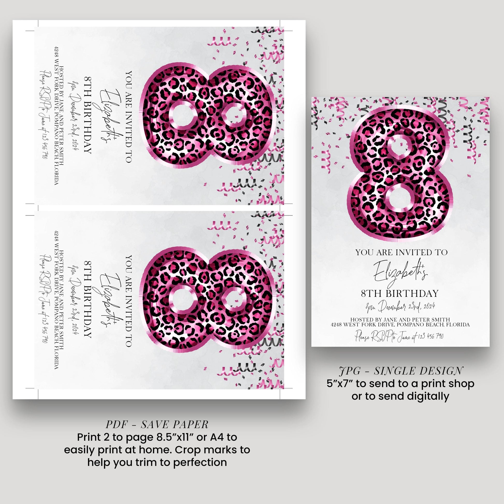 a birthday invitation for a girl's 8th birthday, featuring a leopard print design and pink and white colors.